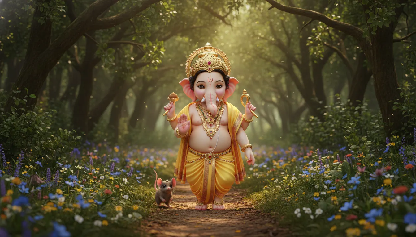Bal Ganesha walking with his tiny mouse vahana on a lush green forest path.