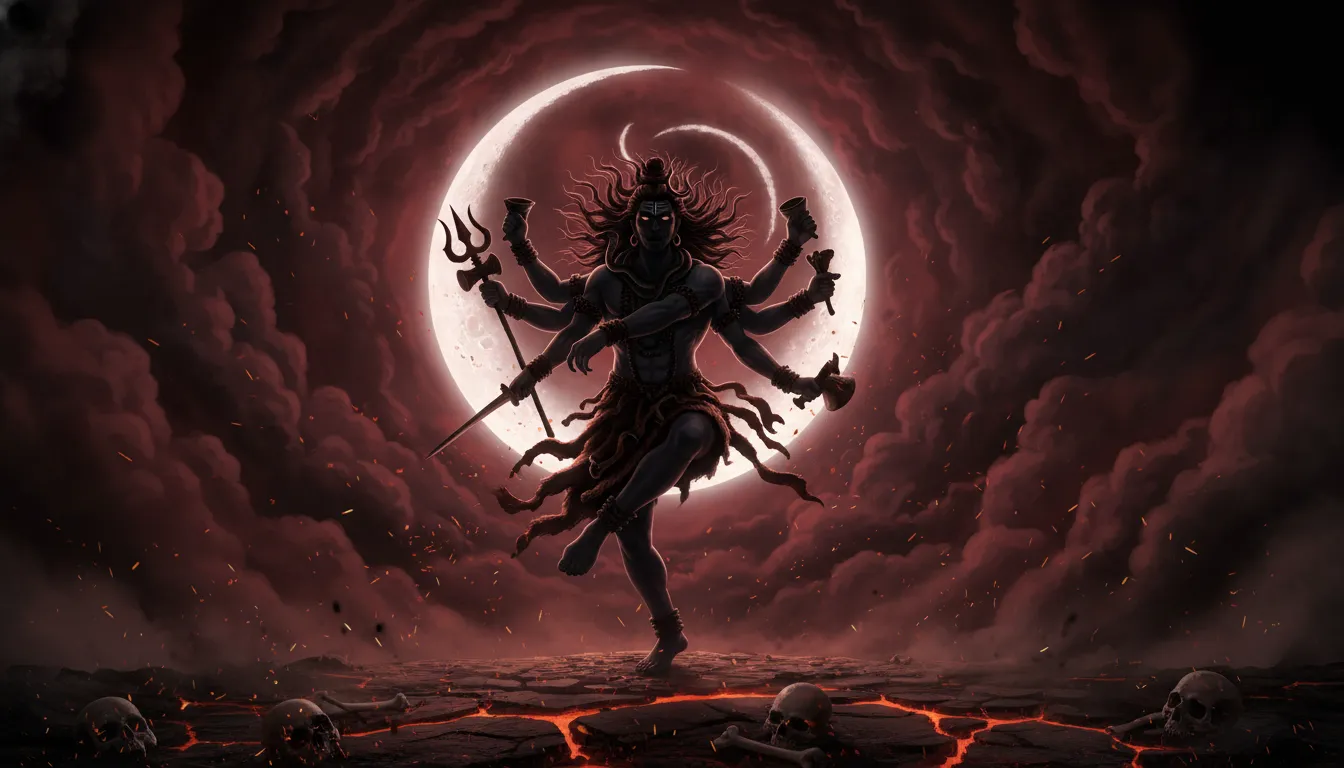 Lord Bhairava executing a powerful dance with a crescent moon in background