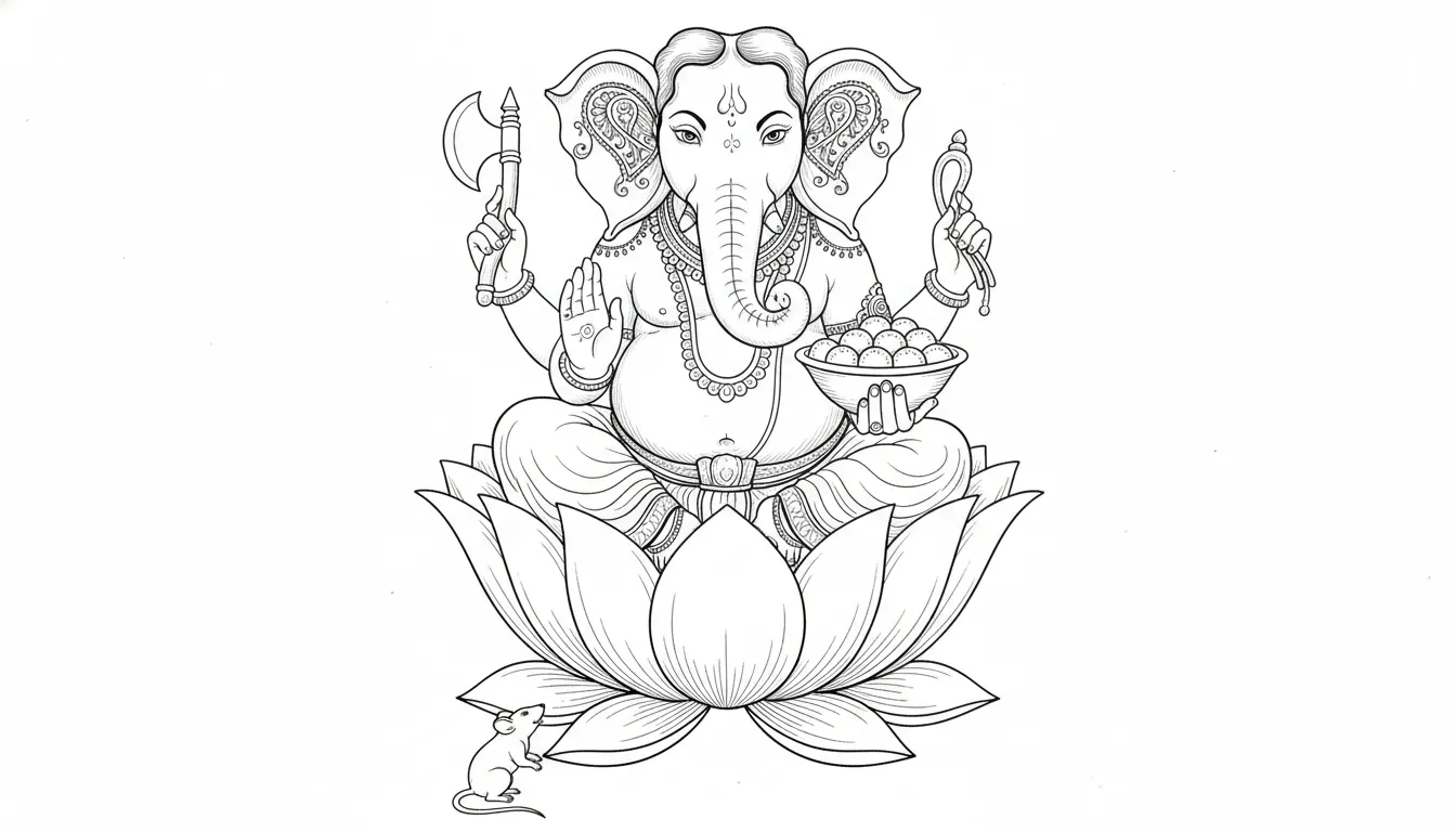 Black and white line drawing of Lord Ganesha holding symbolic items