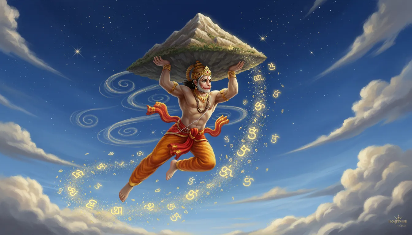 Lord Hanuman carrying a glowing mountain peak under a star-filled golden sky
