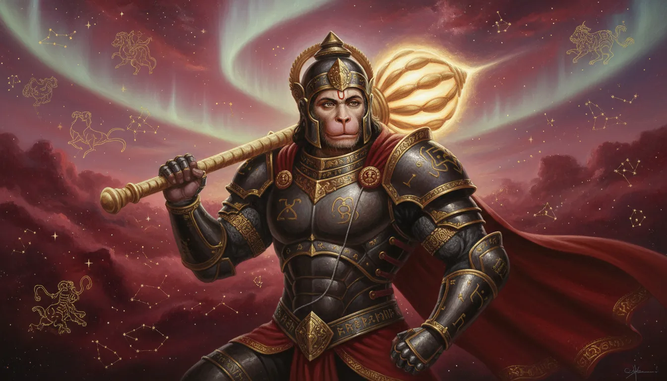 Lord Hanuman wearing glowing celestial armor with intricate ancient carvings