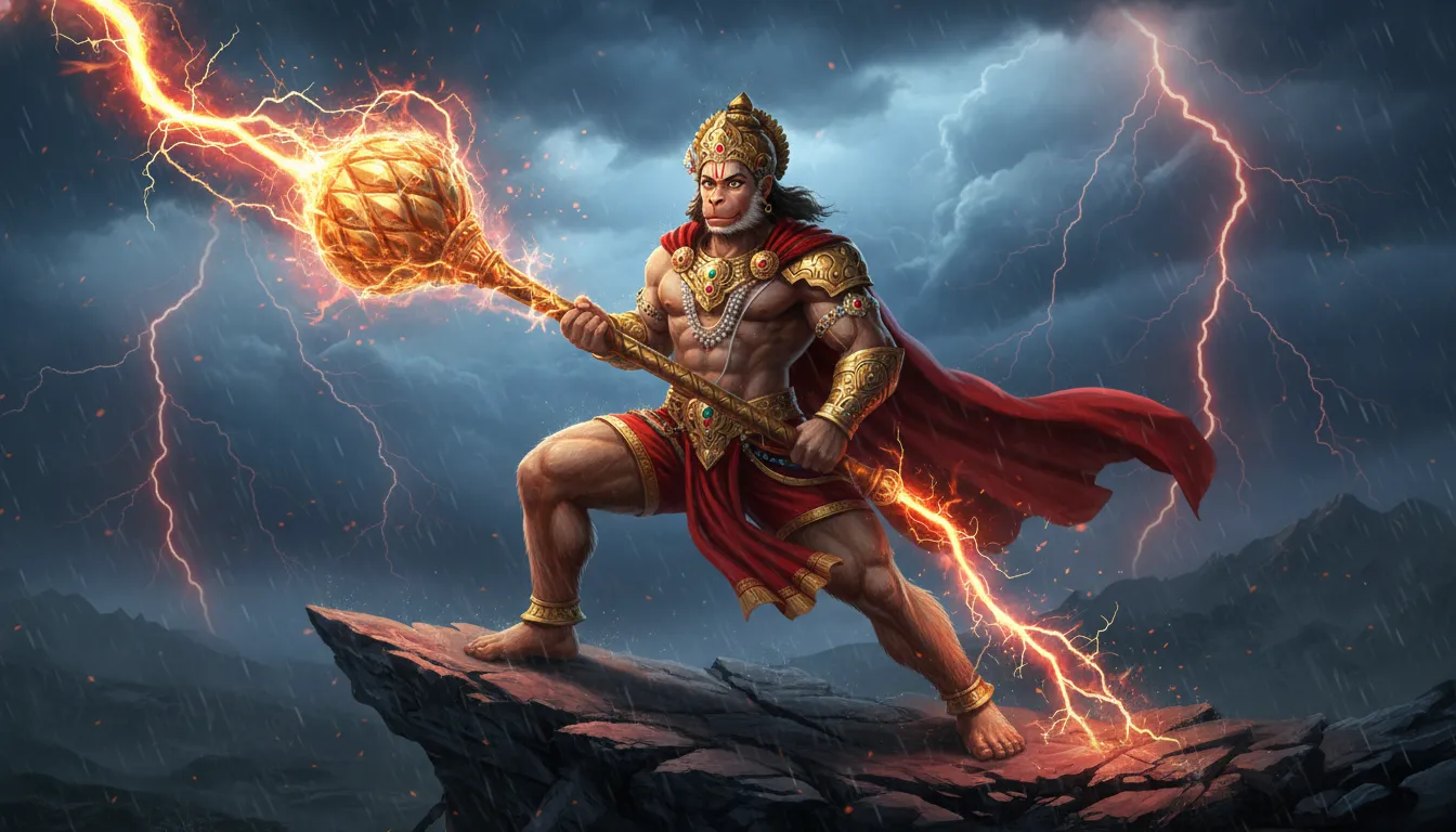 Lord Hanuman standing defiantly against red lightning bolts and stormy dark clouds