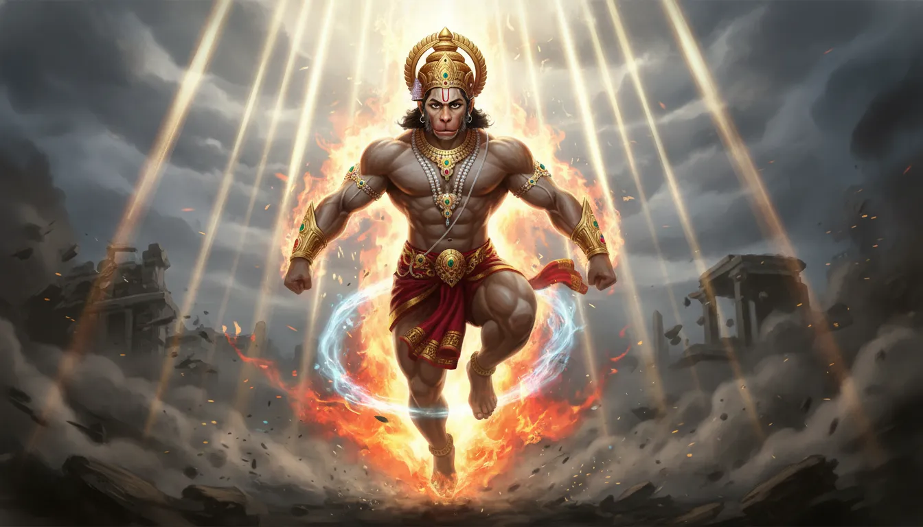 Majestic Lord Hanuman surrounded by an explosion of orange fire and divine light beams
