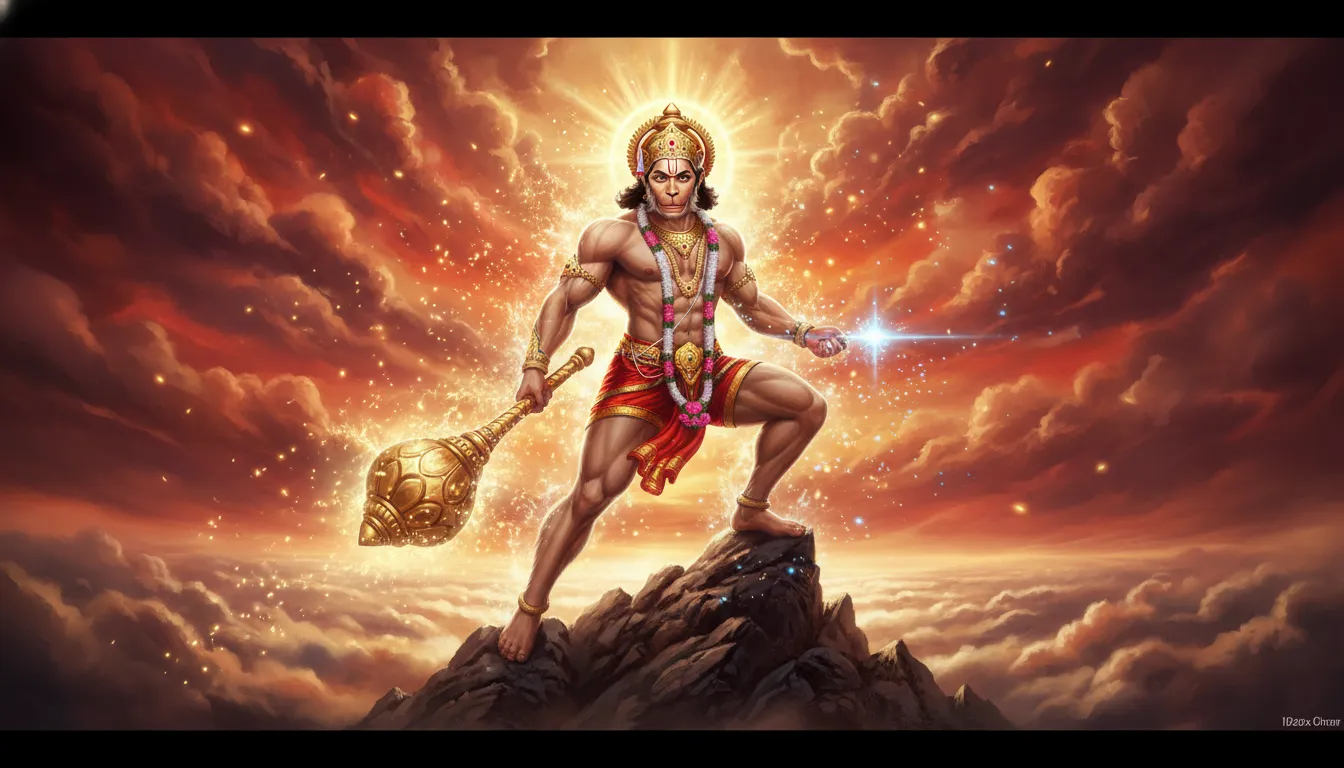 Lord Hanuman in a powerful stance raising his golden mace with cosmic energy glowing around him
