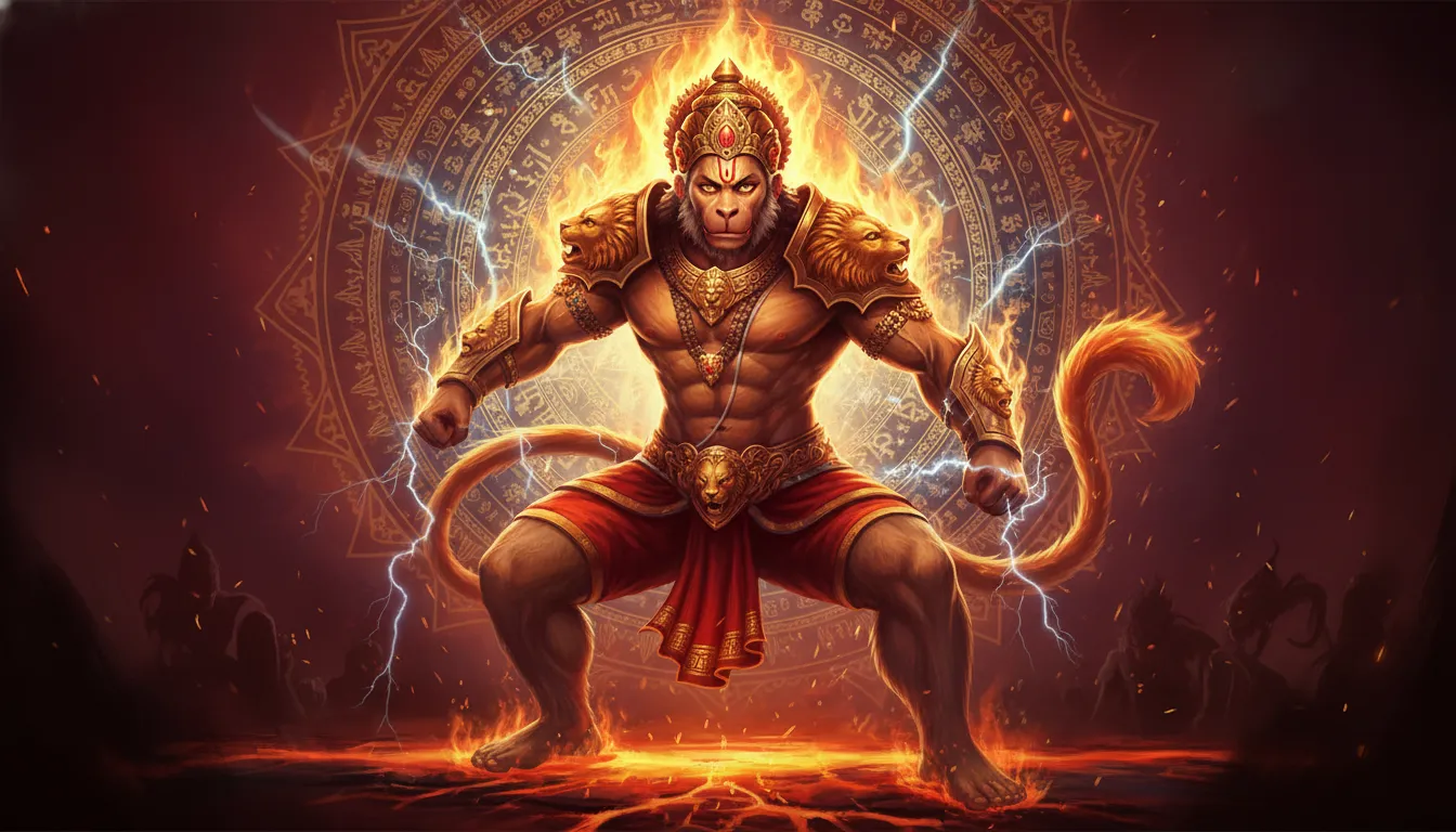 Warrior Hanuman surrounded by intense red flames and sacred protective mandalas