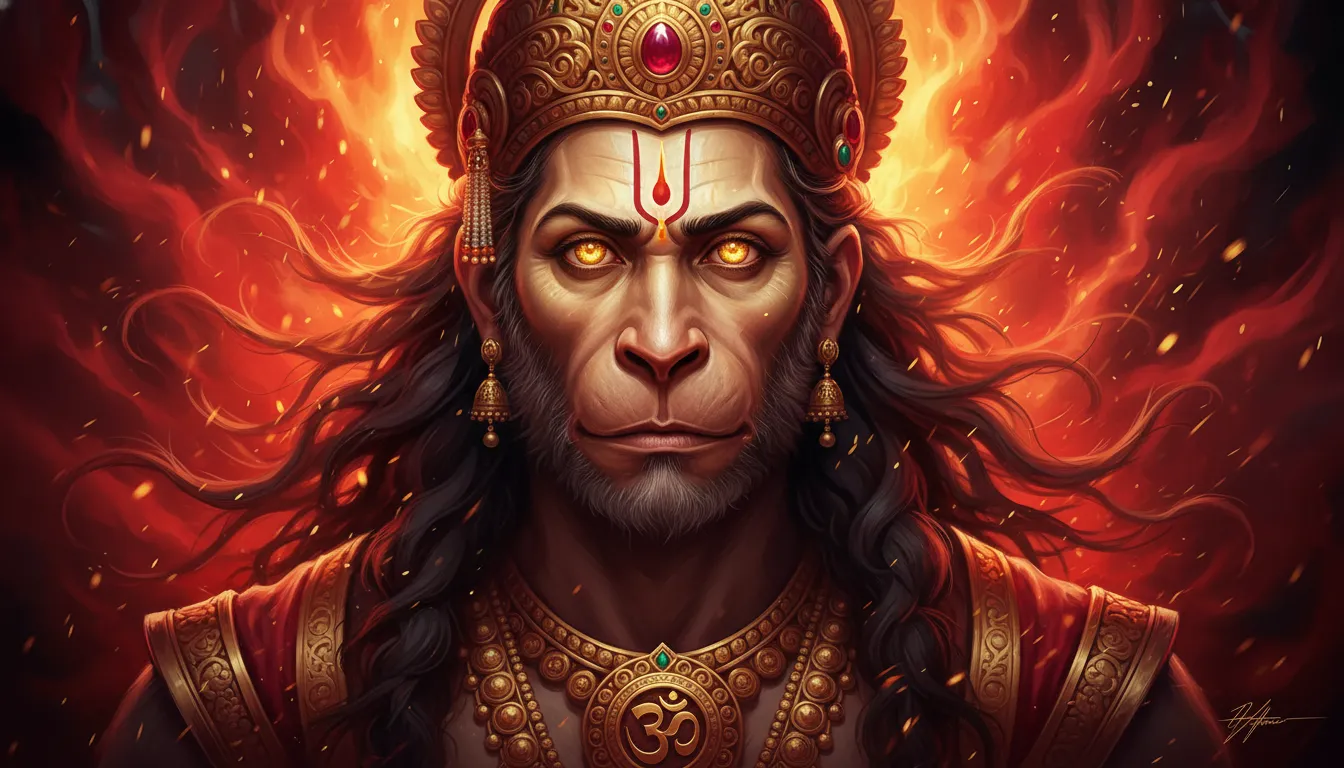 Close up portrait of Lord Hanuman with glowing golden eyes and fiery hair