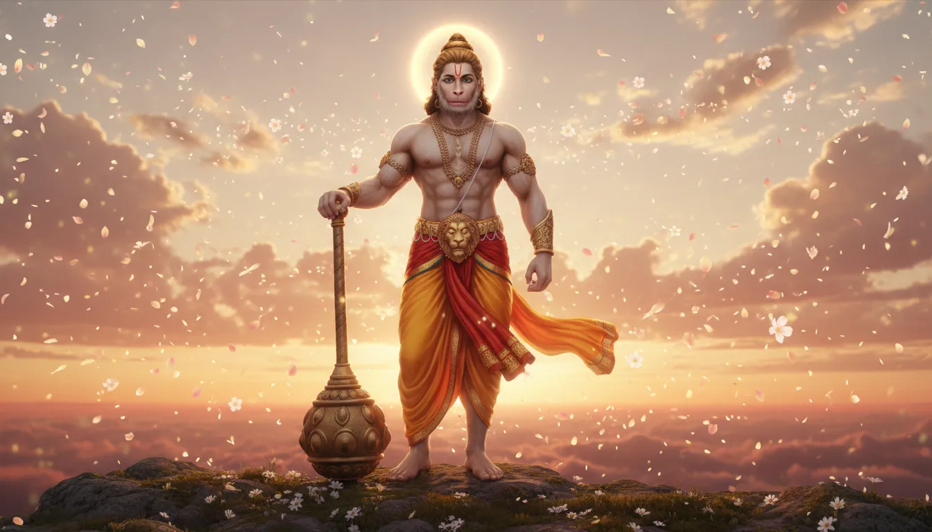 Lord Hanuman resting his mace with a calm smile under a golden sunset sky