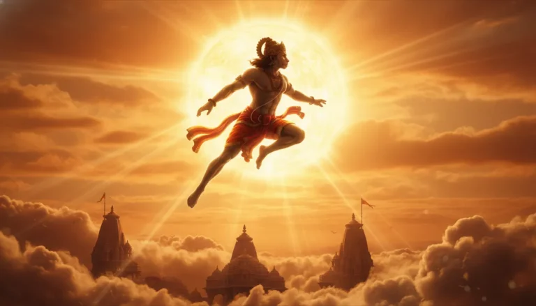 Lord Hanuman leaping towards a massive blazing sun in a golden and red sky