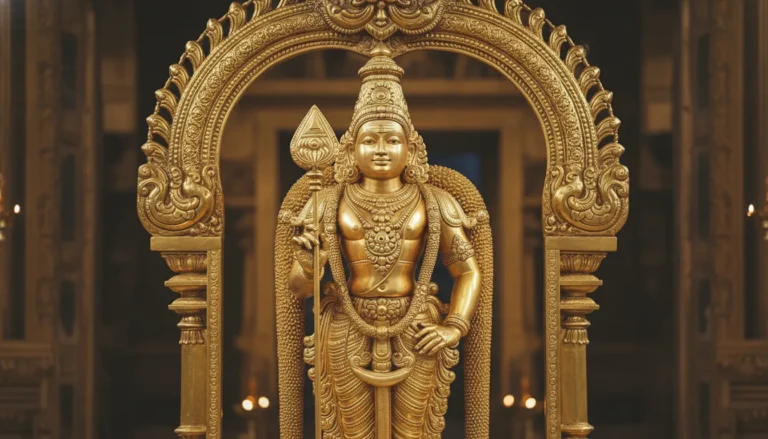 lord kartikeya murugan golden statue holding vel spear temple setup