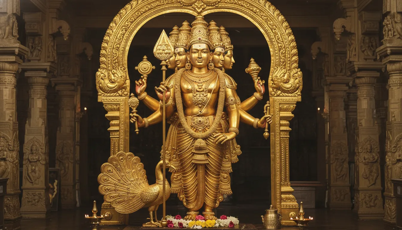 Lord Kartikeya six faces Shanmukha golden statue with vel divine warrior