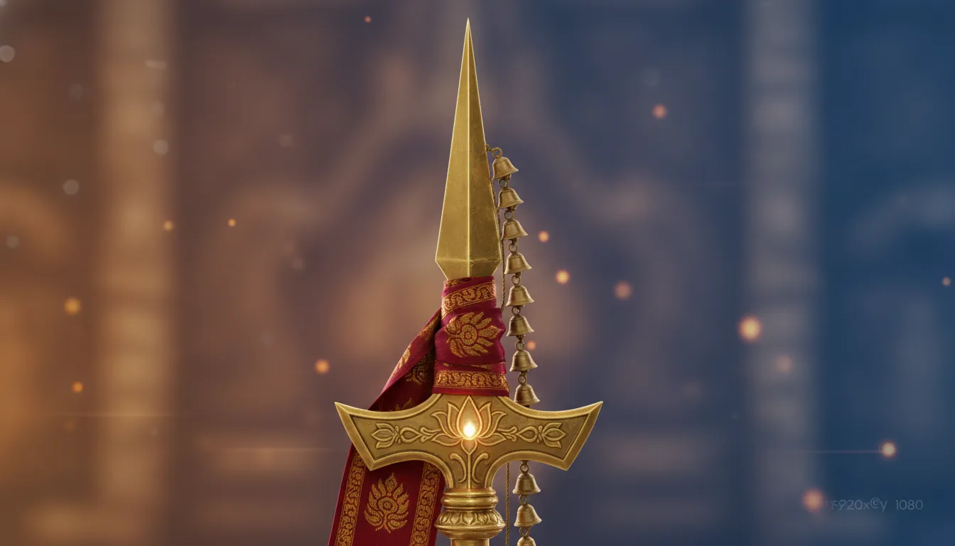 Lord Kartikeya vel spear close up golden weapon divine power