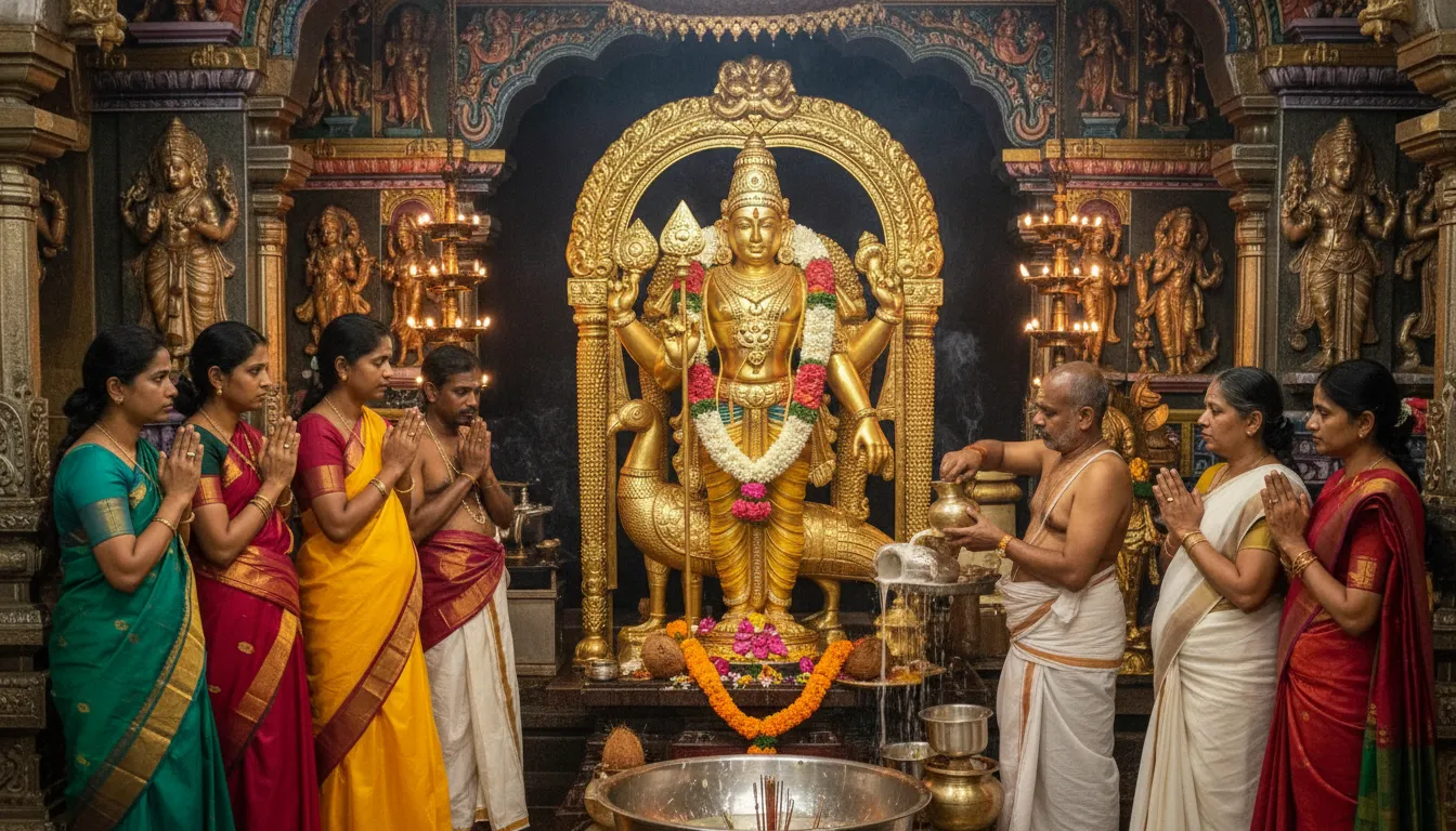 Lord Kartikeya golden statue with devotees offering flowers and prayers