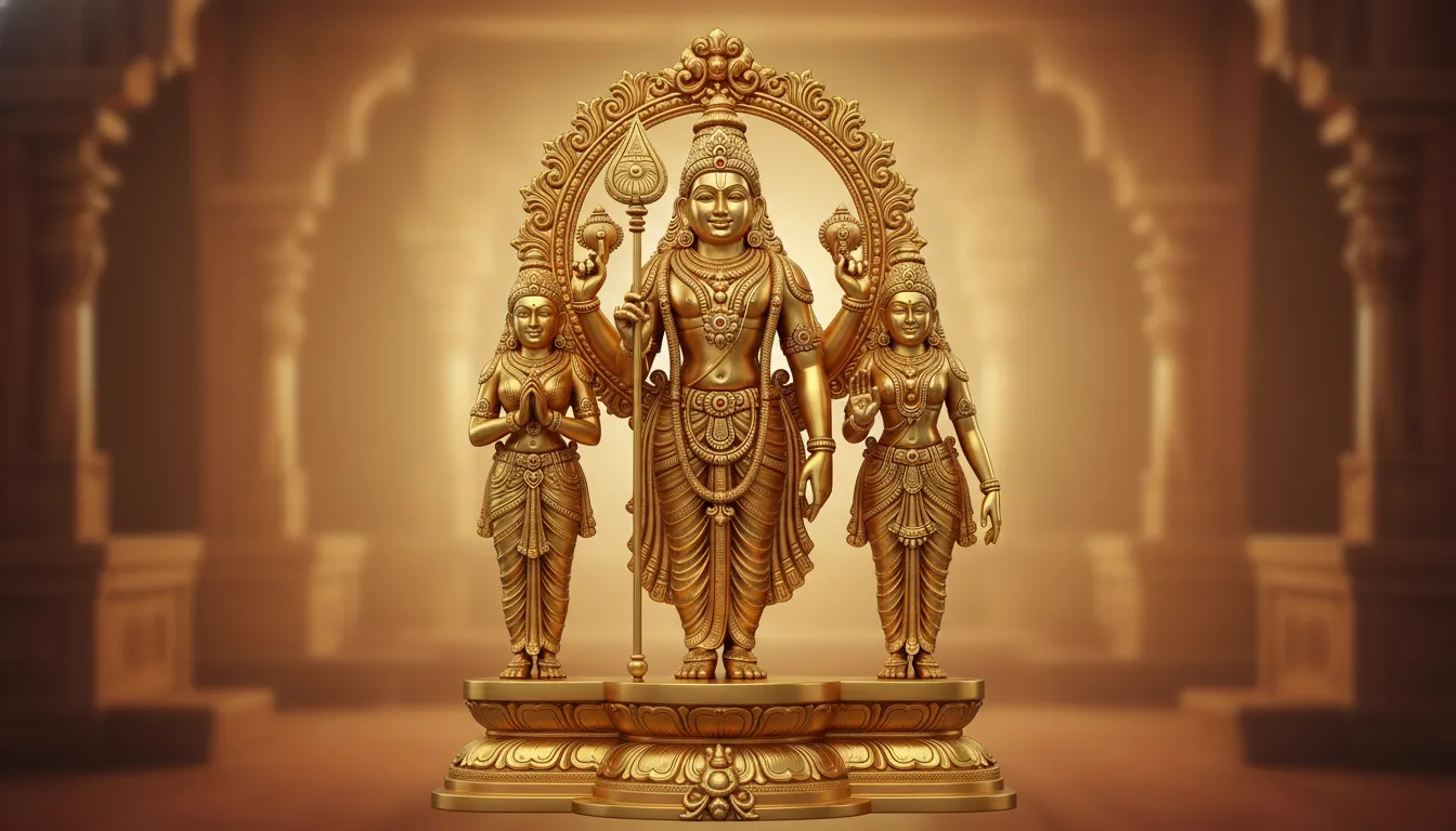 Lord Kartikeya golden statue with Goddess Valli and Devasena divine consorts