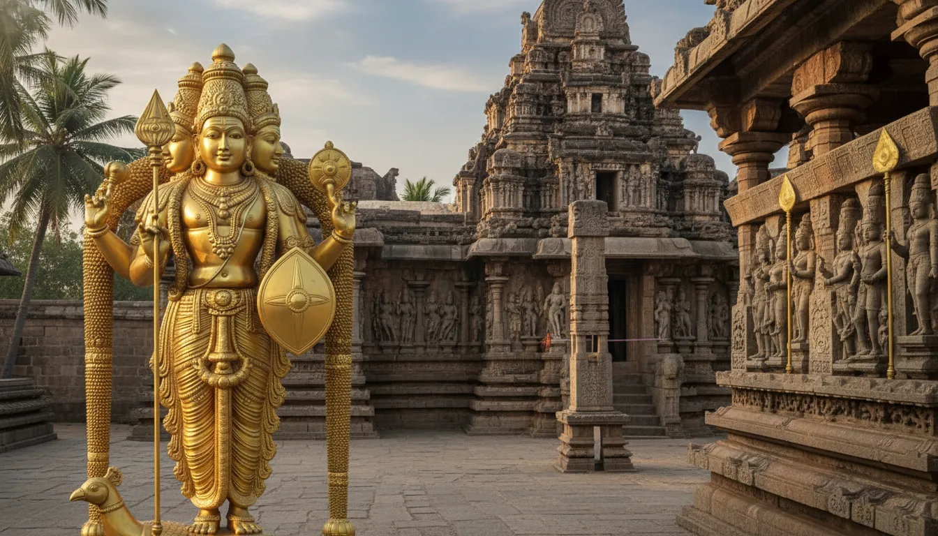 Lord Kartikeya statue with Lepakshi temple hanging pillar architecture behind