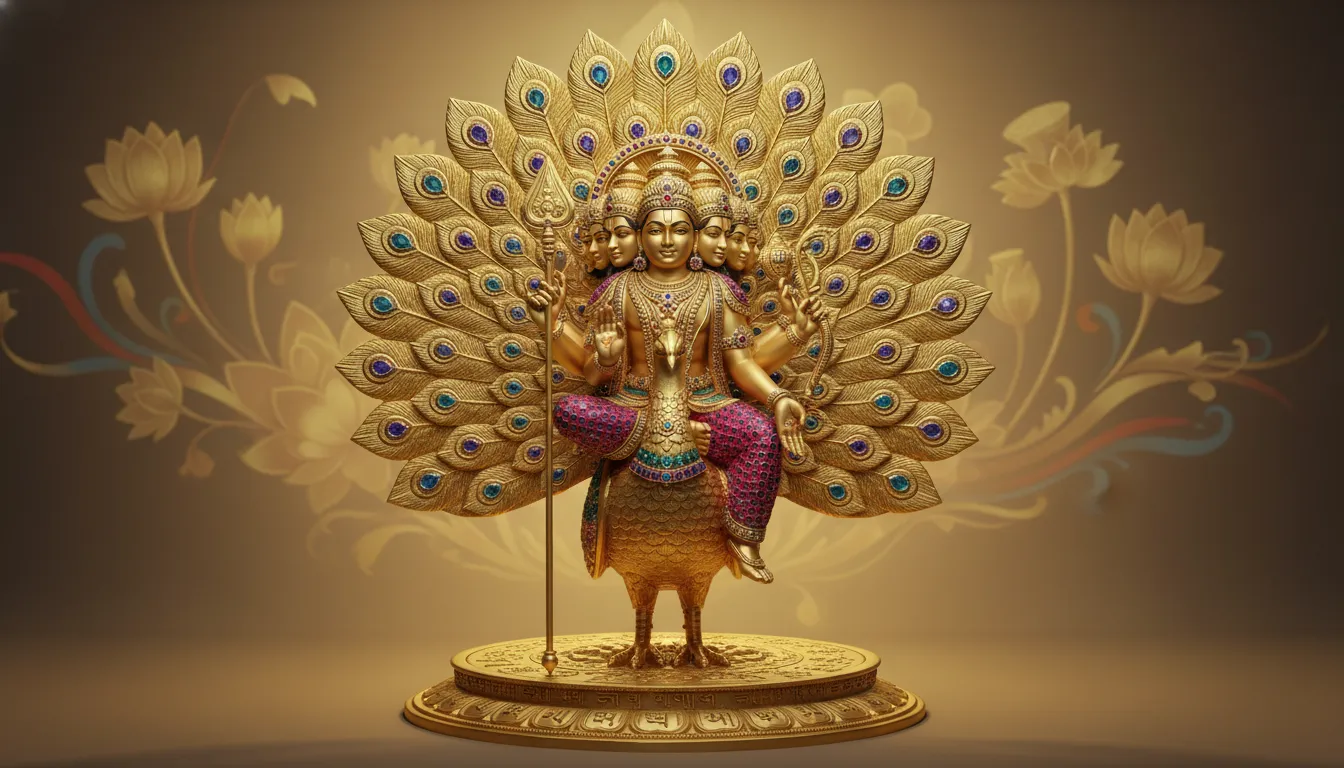 Lord Kartikeya with peacock vel in hand golden statue divine vehicle