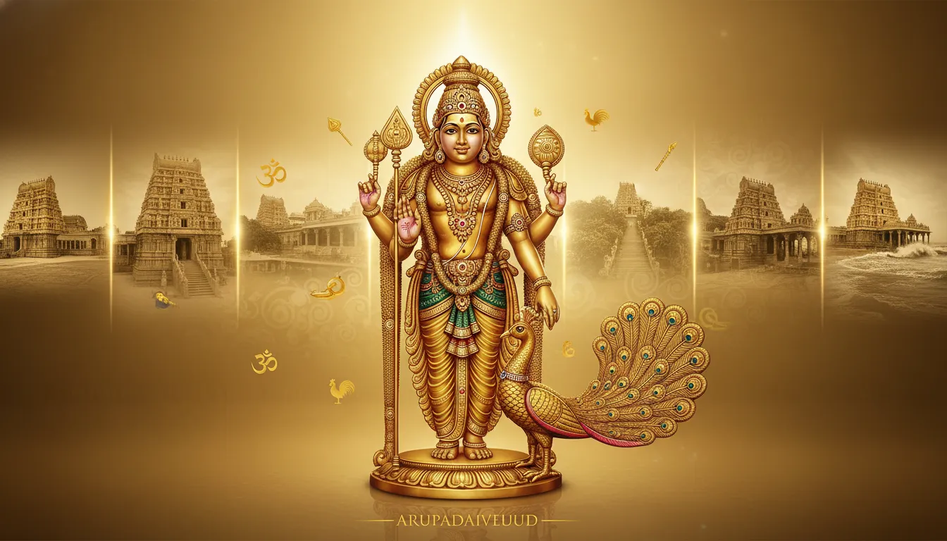 Lord Kartikeya statue with six abodes Arupadaiveedu temples background