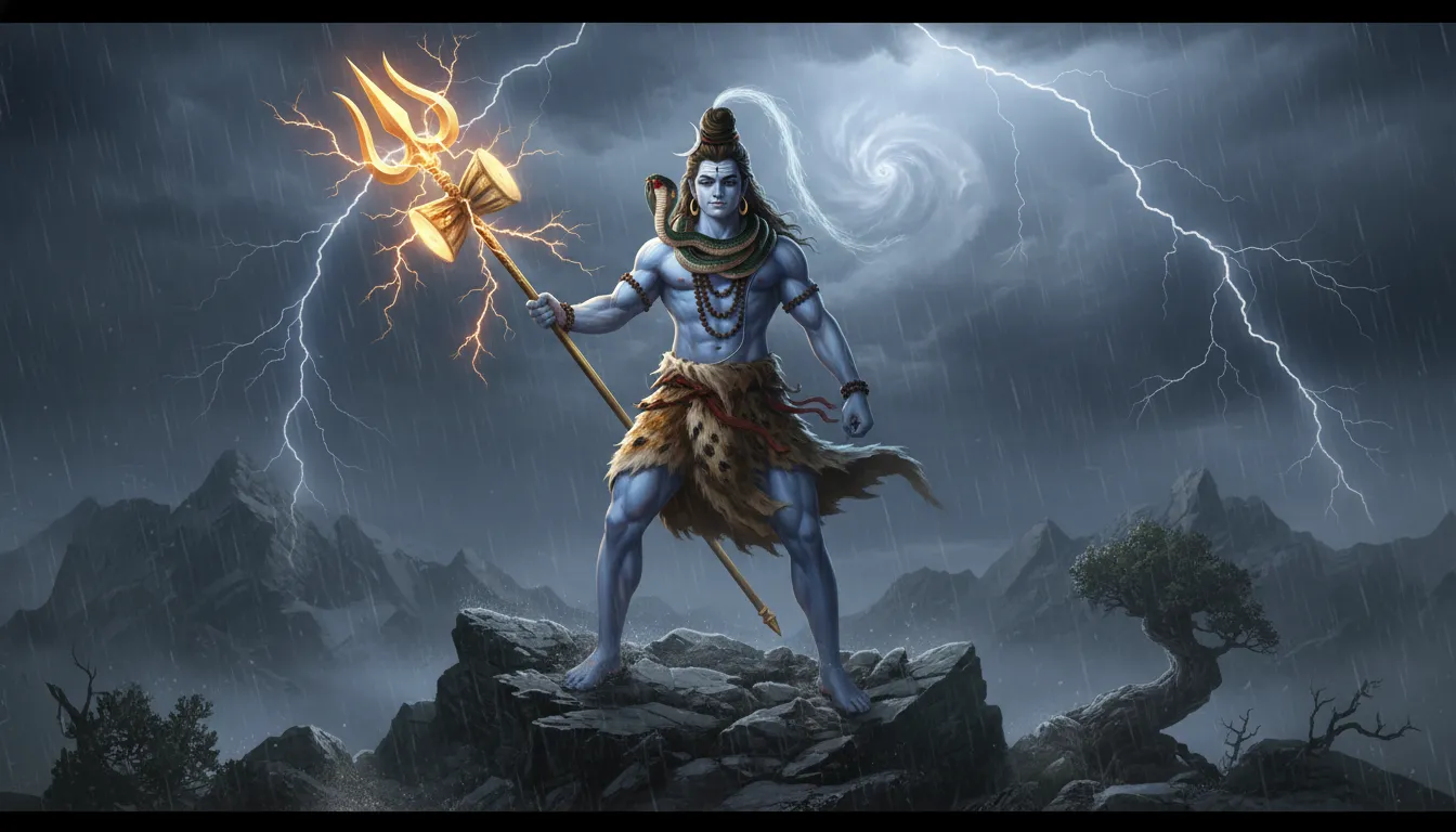 Angry Lord Rudra holding a glowing Trishul during a thunderous storm.