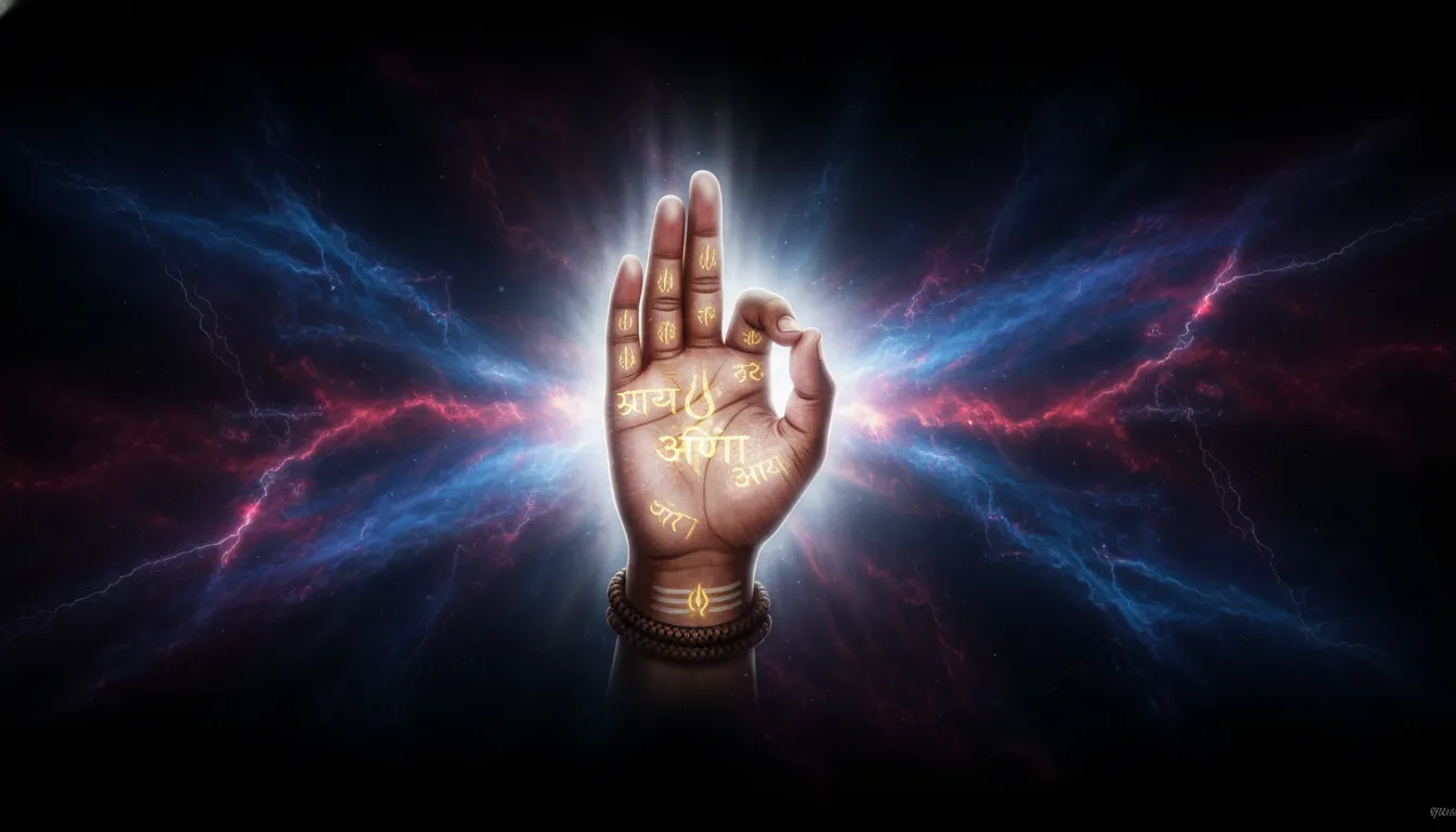 Close-up of Lord Shiva's forward-facing hand showing the Abhaya Mudra of protection amidst stars.