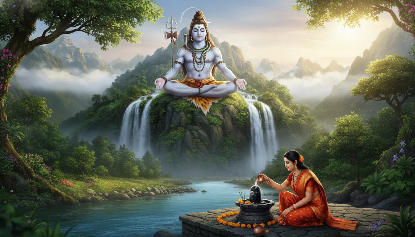A scenic artwork of Lord Shiva meditating on a mountain with a woman offering water below