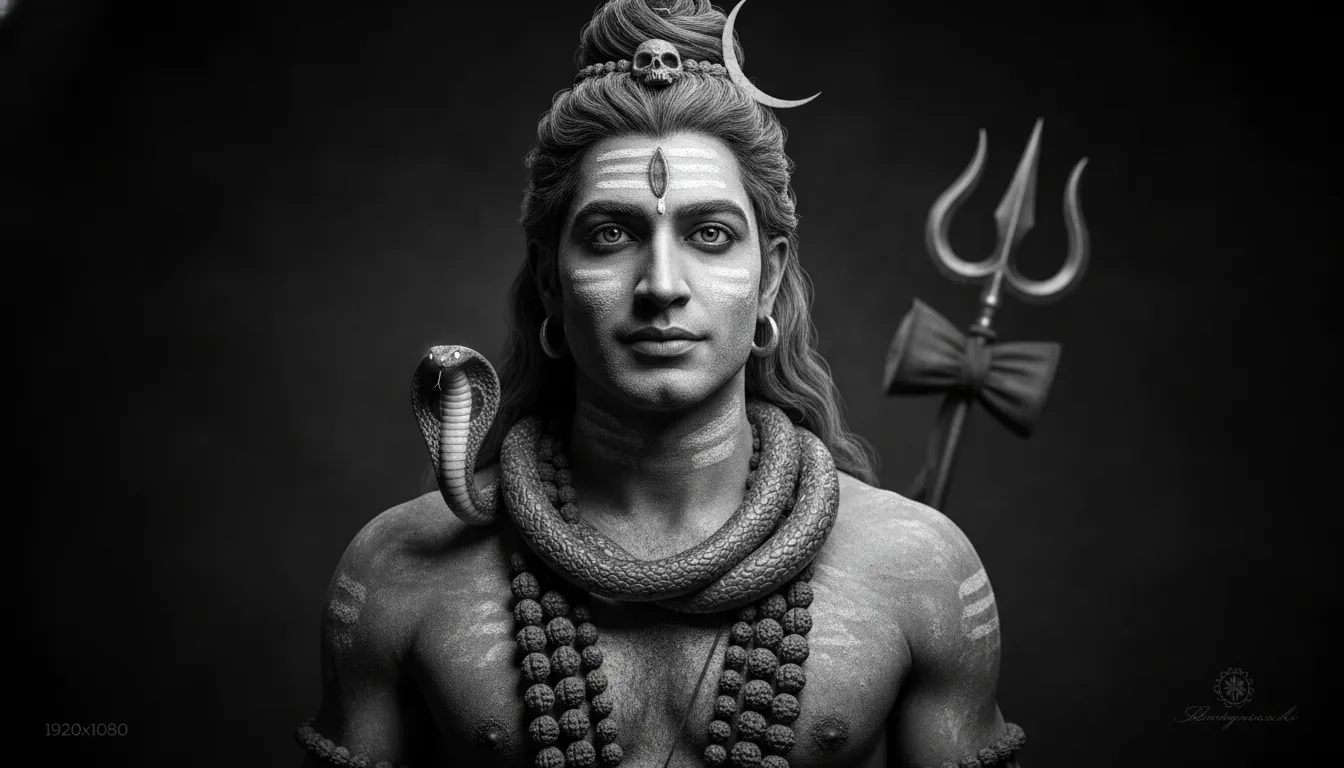 Spiritual black and white portrayal of Lord Shiva in his majestic Aghori form with ash smeared