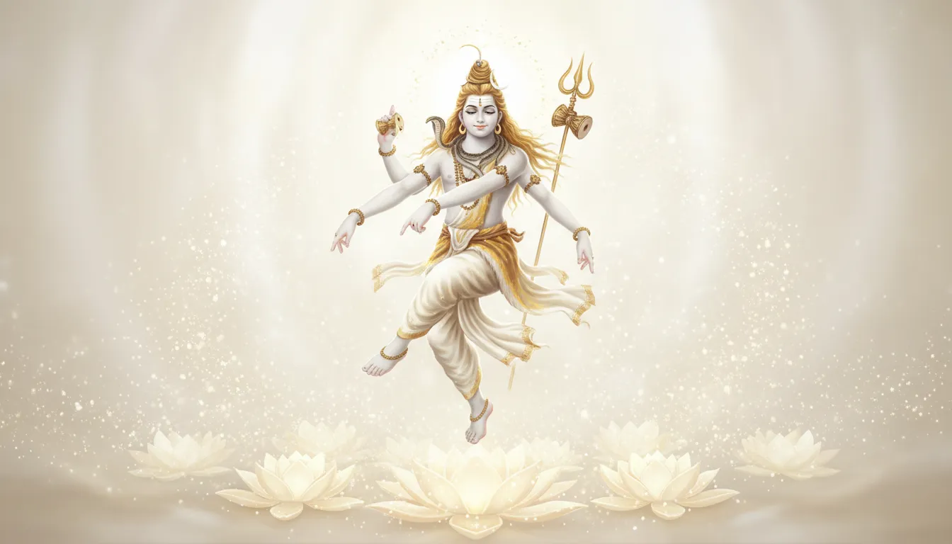 Lord Shiva surrounded by a peaceful white and gold aura marking the dance of pure bliss.