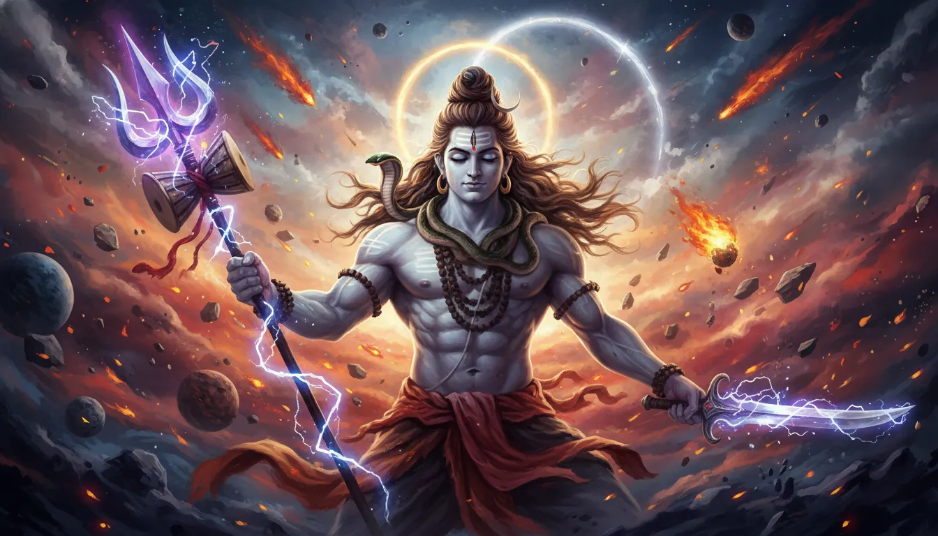 Mahadev in his fierce Rudra avatar holding a blazing Trishul with powerful cosmic energy.