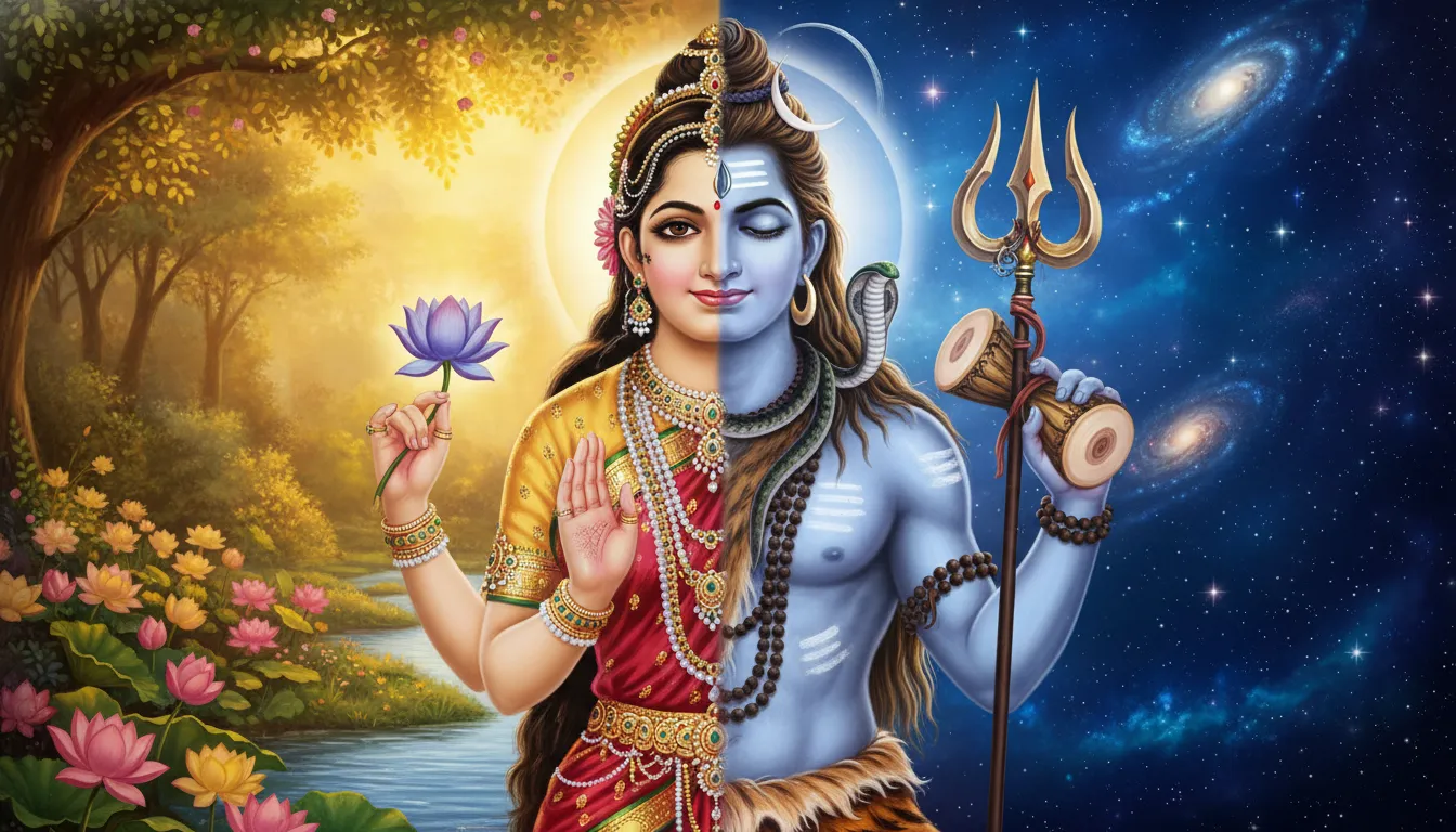 Lord Ardhanarishvara half Shiva and half Parvati wallpaper in full HD 1080p.