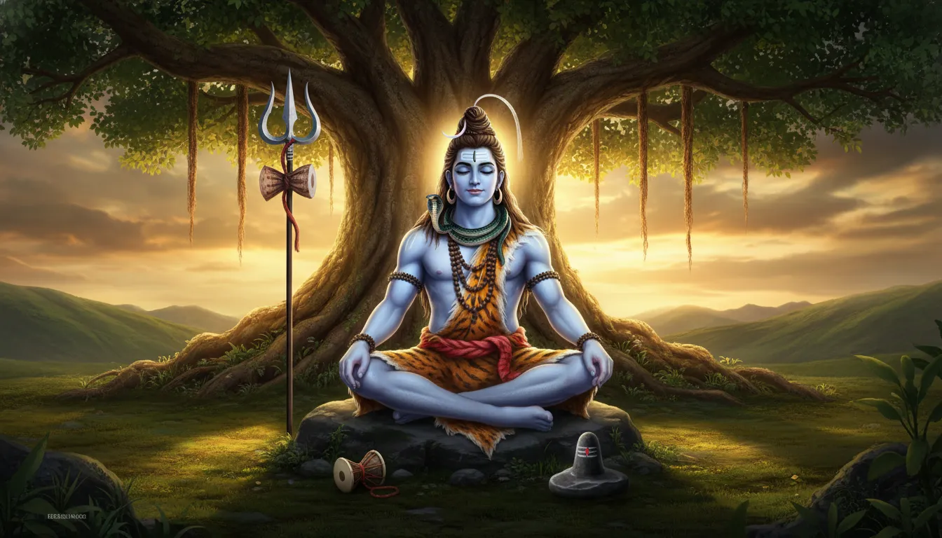 Lord Shiva sits beneath a large glowing tree with a trident, snake, drum, and Shiva lingam nearby.