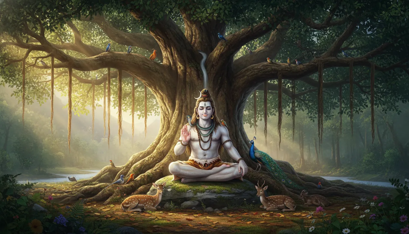 Calming Dev ke Dev Mahadev photo of Lord Shiva sitting under an ancient Banyan tree in a peaceful forest setting.