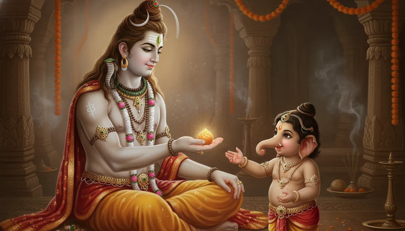 An authentic traditional style artwork of Lord Shiva handing a golden modak sweet to an eager baby Ganesha.