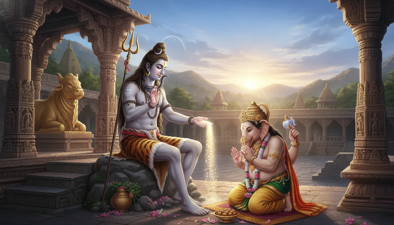 Lord Shiva blessing Lord Ganesha in devotional artwork