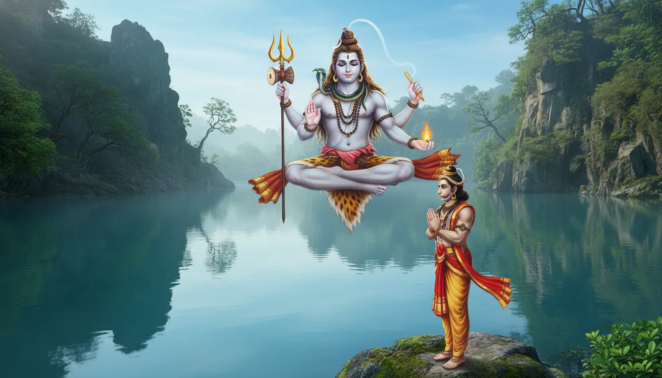 Lord Shiva floats above a calm lakeside scene while Hanuman stands respectfully with folded hands near rocky cliffs.