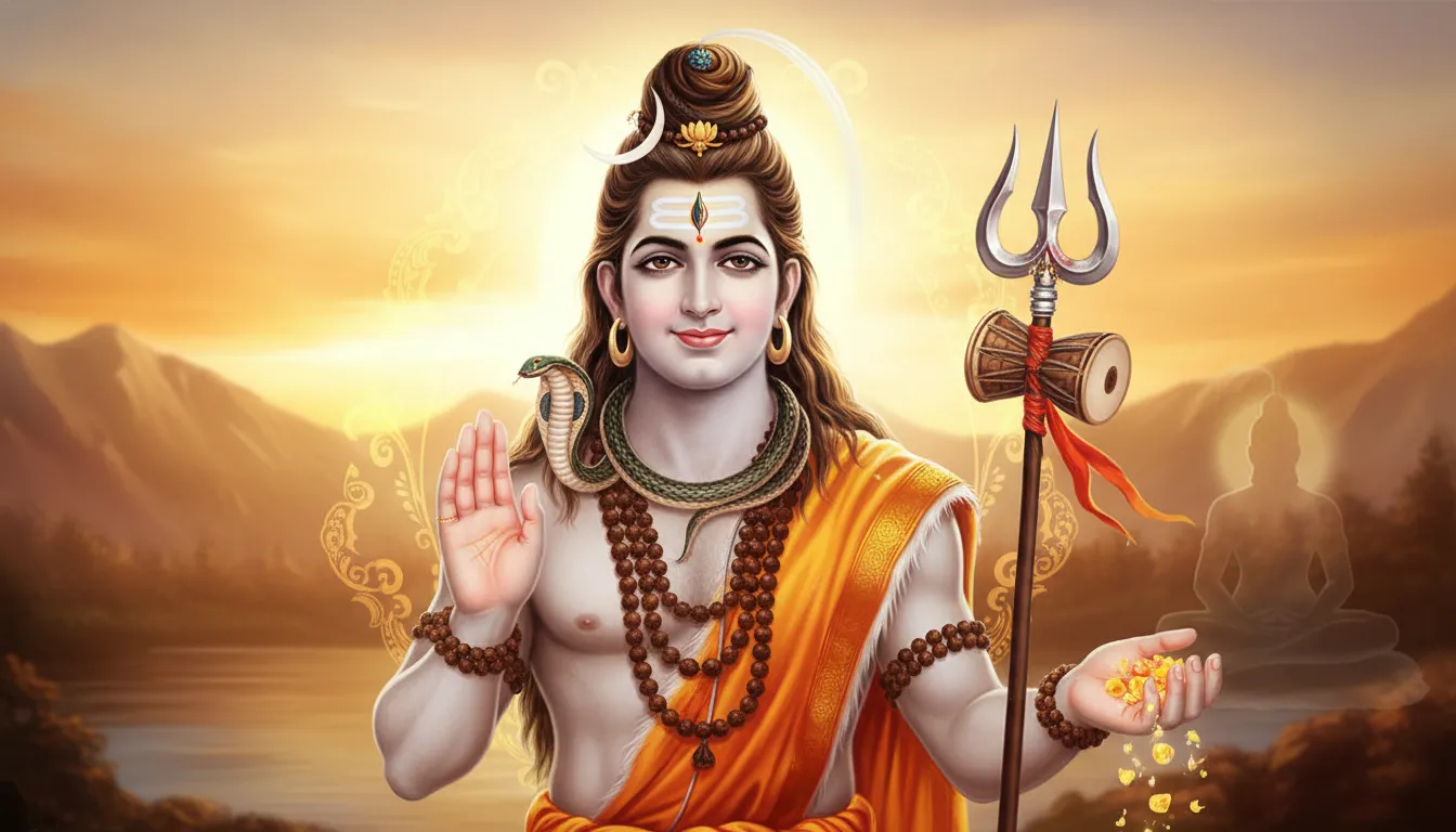 Spiritual portrait of Lord Shiva with a compassionate, gentle blessing expression and traditional jewelry