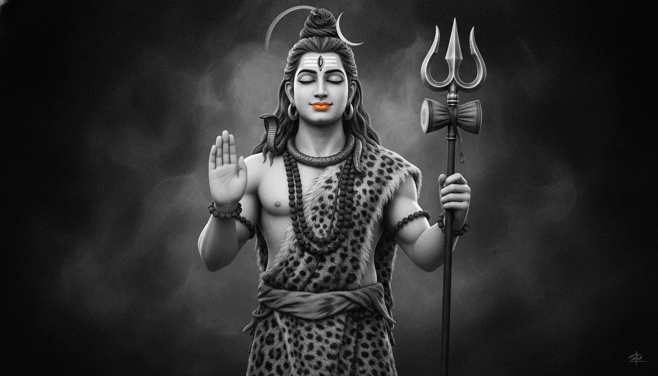 Monochrome portrait of Lord Shiva giving blessings with a calm face expressions.