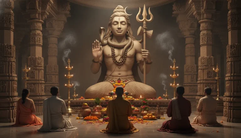 Lord Shiva blessing pose with trishul and serpent, devotees kneeling in foreground