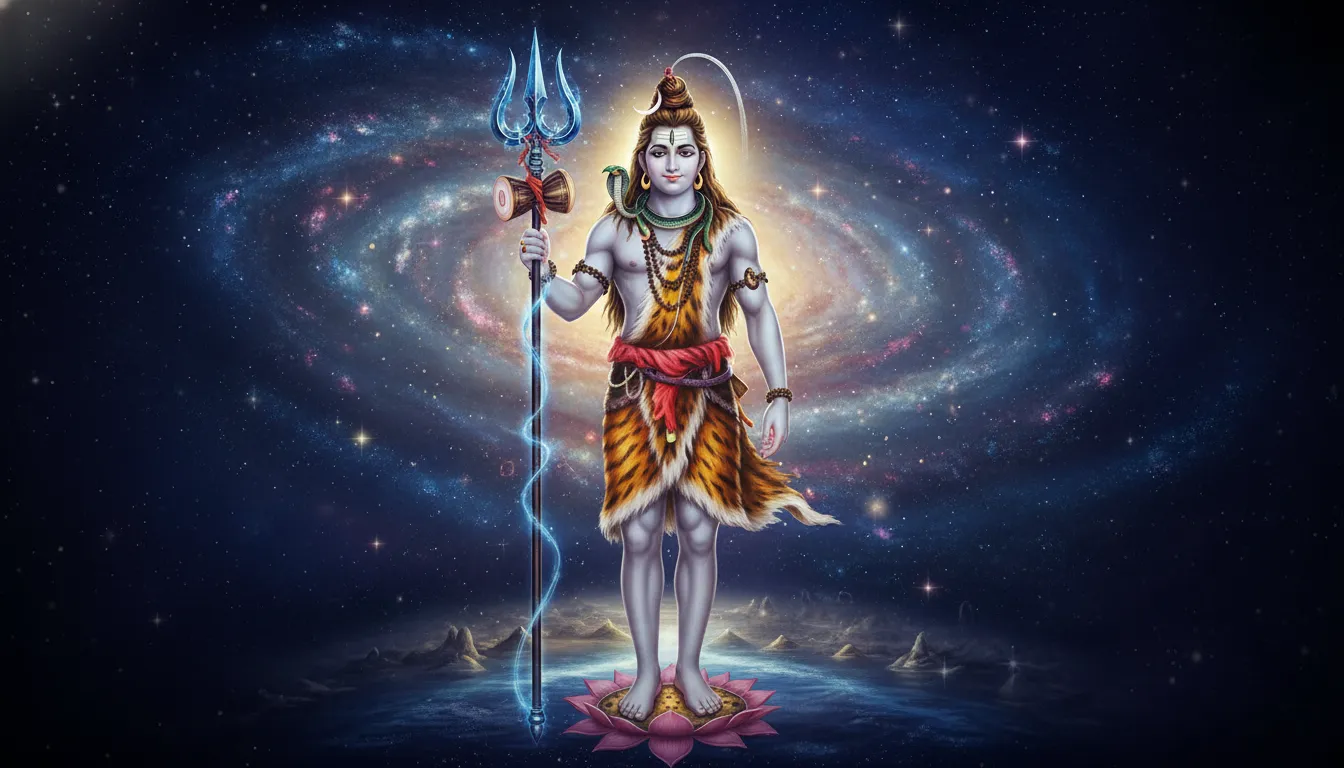 Lord Shiva standing gracefully holding a trident in one hand while blessing with the other.