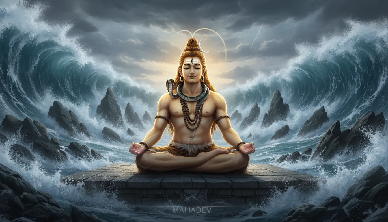 Meditating Lord Shiva sitting peacefully on a rock surrounded by violent ocean waves