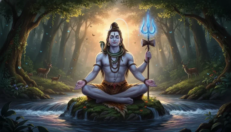 Lord Shiva sitting calmly with trident and peaceful expression