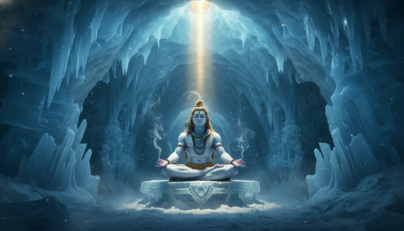 Pura Mahadev photos of Lord Shiva meditating inside a glowing mystical Himalayan cave.