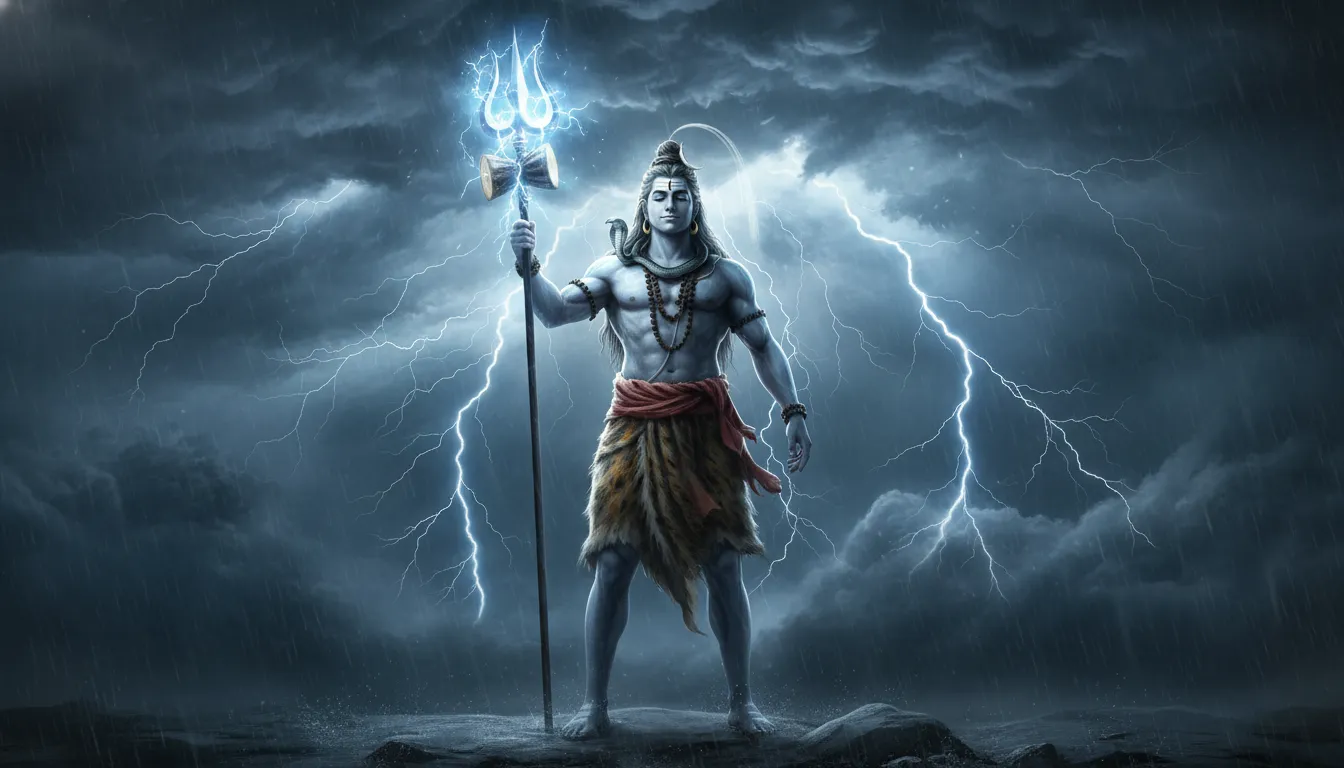 Lord Shiva holding a glowing trident while standing in a powerful lightning storm