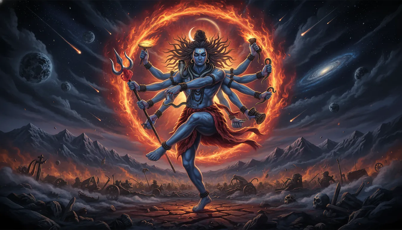 Lord Shiva surrounded by a ring of fire in a cosmic destruction battle pose holding his trident high.