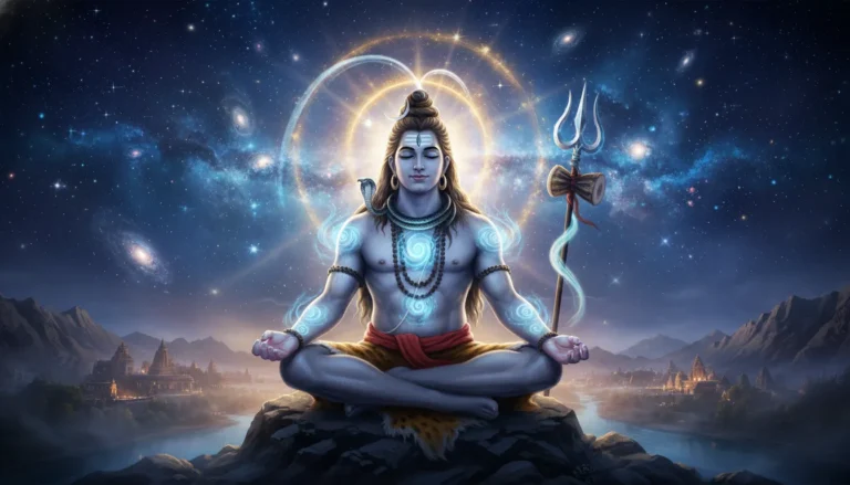 Lord Shiva HD 1080p cosmic meditation wallpaper with blue spiritual energy.