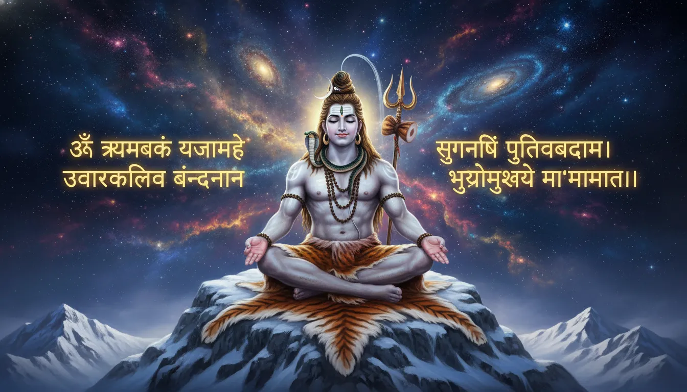 Abstract markandey mahadev photo with Maha Mrityunjaya Mantra calligraphy in the background.
