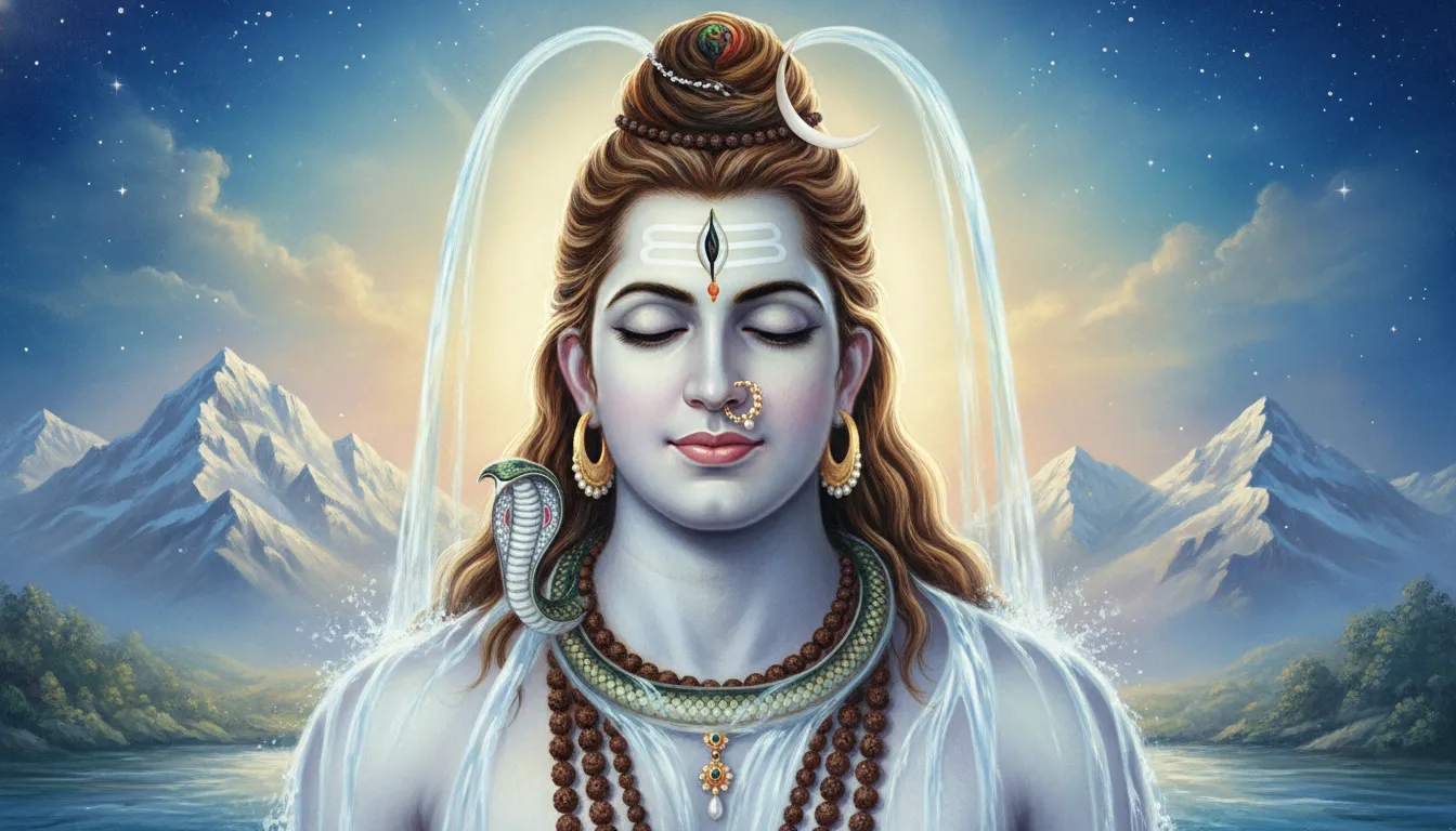 Close-up spiritual portrait of Lord Shiva with the holy river Ganga flowing from his hair