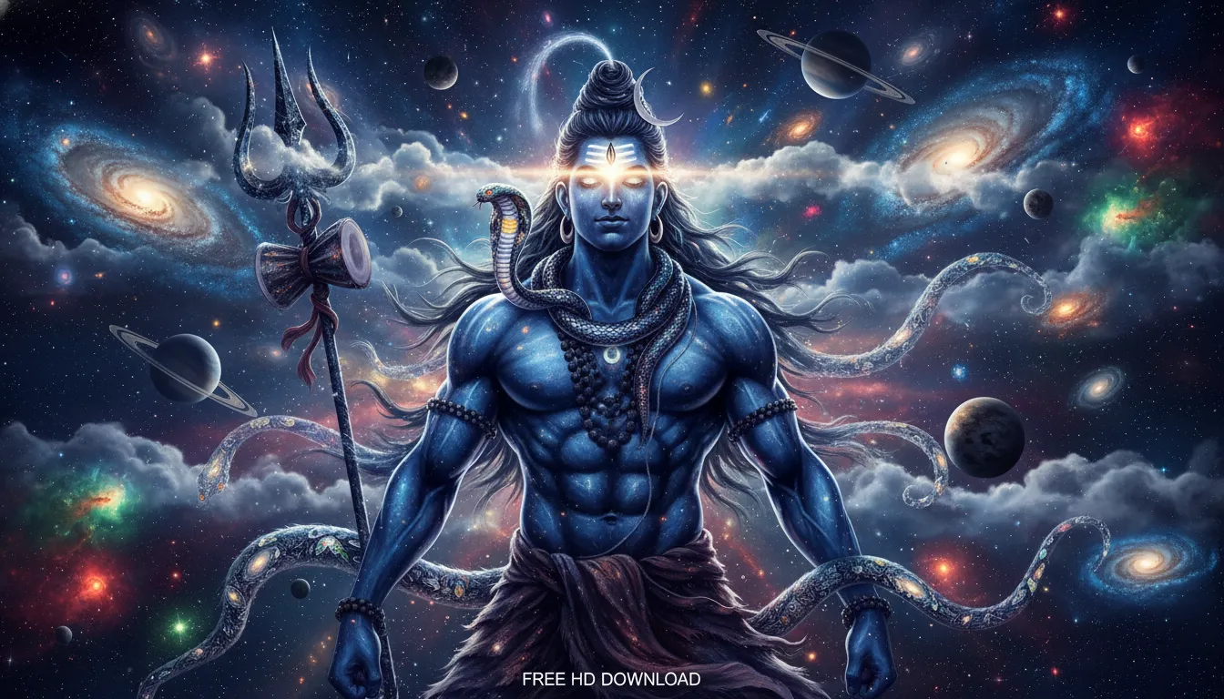 Lord Shiva cosmic pose with trishul and serpent, universe and galaxies in background