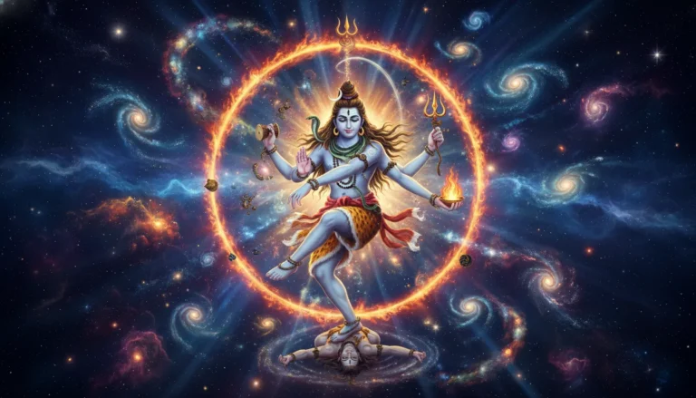Lord Shiva performing the cosmic Tandava dance surrounded by a ring of cosmic fire and stars.