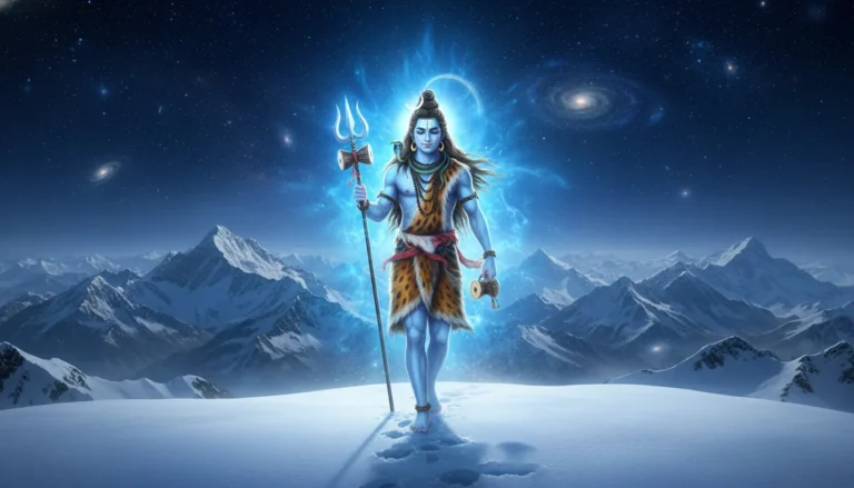 Lord Shiva walking majestically on the snowy mountain peaks with a glowing blue aura.