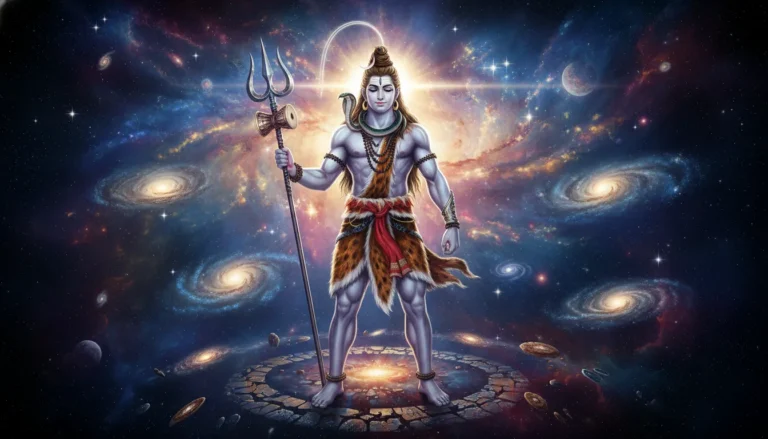 Lord Shiva in a cosmic warrior stance holding his trishul against a starry universe.