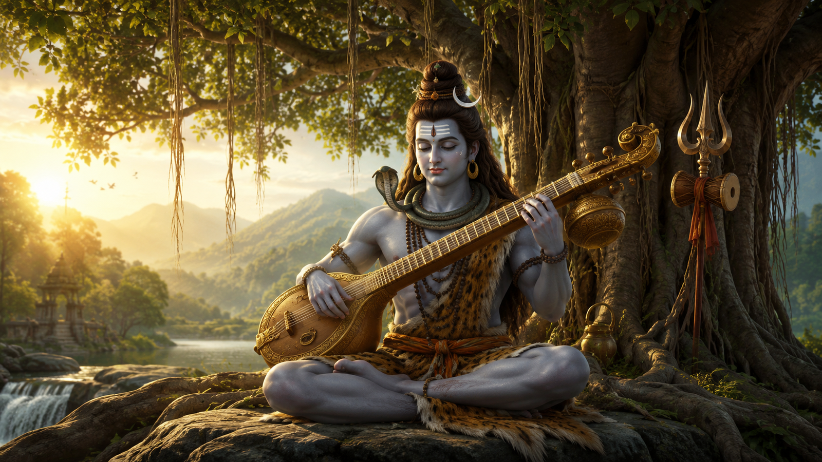 A vibrant painting of Lord Shiva playing Veena with a mystical blue river and glowing aura.