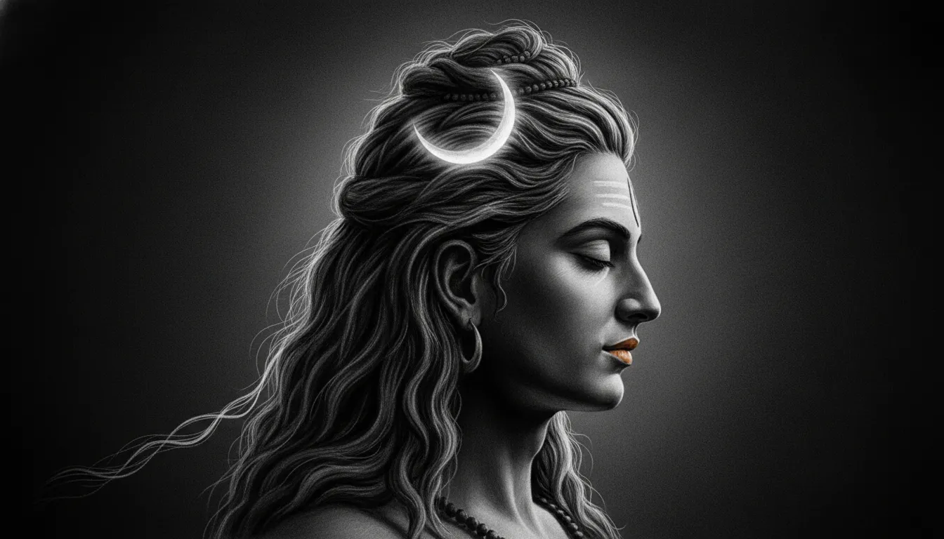 Monochrome side profile portrait of Lord Shiva showing the crescent moon in his hair.